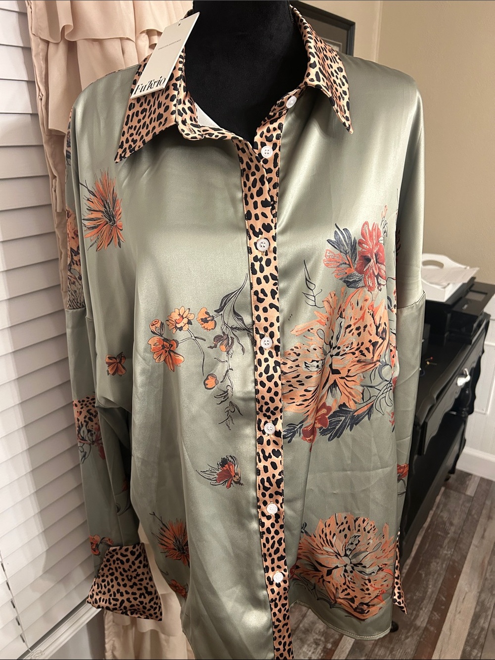 Silky Olive Green Floral Button-Down Shirt with Leopard Trim